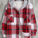 kkboxly  Men's Casual Plaid Hooded Jacket, Long Sleeve Button Down Comfy Shirt For Men's Autumn & Winter Outdoor Activities
