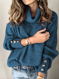 Women's Sweater Casual Turtleneck Solid Color Knitted Buttons Loose Fall Winter Sweater