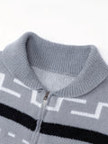 kkboxly  Men's Trendy Cardigan Sweater, Striped Square Graphic Print Knit Button Up Sweater For Spring/autumn, Best Seller Gifts, Plus Size