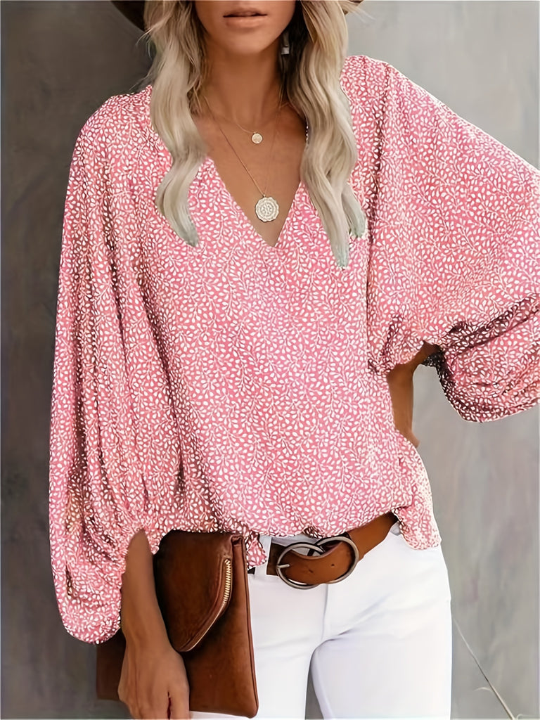 kkboxly  Floral Print Lantern Sleeve Blouse, Casual V Neck Long Sleeve Blouse For Spring & Fall, Women's Clothing