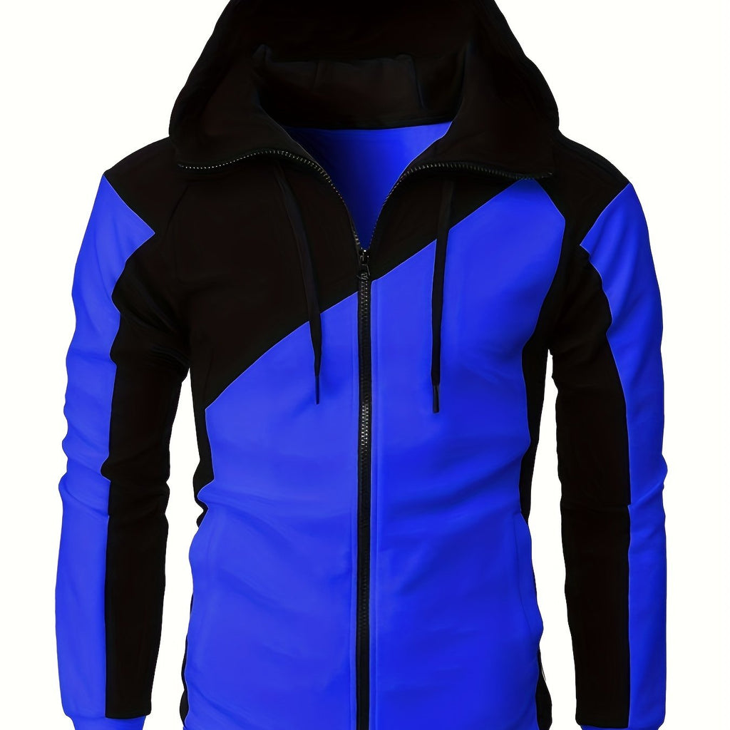 kkboxly  Men's Fleece Sports Zipper Hooded Long Sleeves Drawstrings Color Block Sweatshirt With Pockets