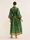 kkboxly  Peacock Print V Neck Dress, Elegant Lantern Sleeve Belted Dress, Women's Clothing