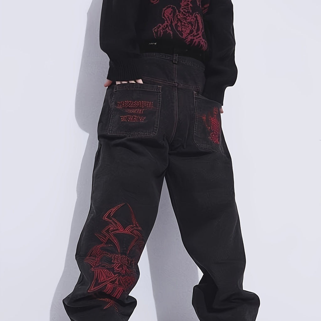 Men's Skeleton Embroidery Jeans, Casual Street Style Loose Fit Jeans, Halloween Gift