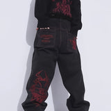 kkboxly  Men's Skeleton Embroidery Jeans, Casual Street Style Loose Fit Jeans, Halloween Gift