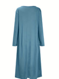 kkboxly  Dual Pockets Button Dress, Casual Crew Neck Long Sleeve Dress, Women's Clothing