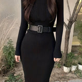 kkboxly  Rib Knit Sweater Dress, Casual High Neck Long Sleeve Bodycon Dress, Women's Clothing