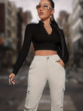 kkboxly  Half Zip Cropped T-Shirt, Y2K Long Sleeve Mock Neck T-Shirt For Spring & Fall, Women's Clothing