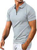 kkboxly  Solid Color Men's Casual Short Sleeves Zipper Graphic Polo Shirts, Lapel Collar Tops Pullovers, Men's Clothing For Summer
