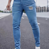 kkboxly  Slim Fit Ripped Jeans, Men's Casual Street Style Distressed High Stretch Denim Pants For Spring Summer, Men's Bottoms