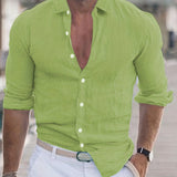 Men's Shirt Top Cotton & Linen Blend Turn-Down Collar Long Sleeves Closure Regular Fit Solid Color Male Casual Shirt For Daily
