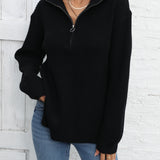 kkboxly  Long Sleeve Half Zip Sweater, Side Slit Casual Sweater For Winter & Fall, Women's Clothing