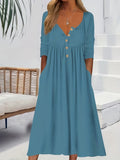 kkboxly  Dual Pockets Button Dress, Casual Crew Neck Long Sleeve Dress, Women's Clothing
