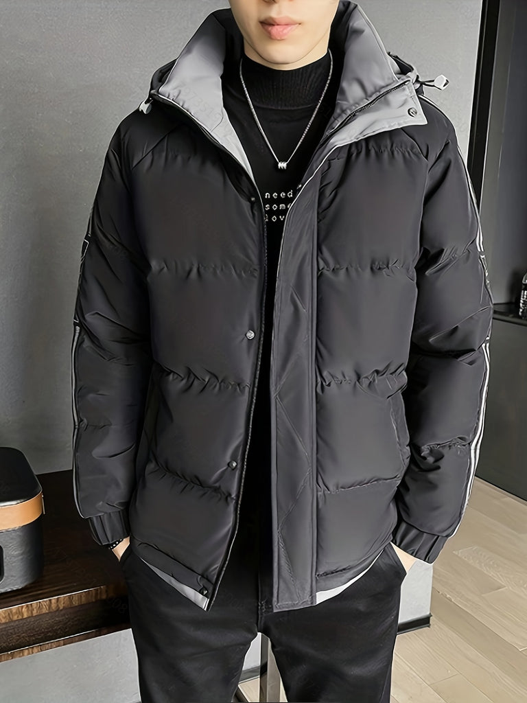 kkboxly Classic Design Warm Hooded Jacket, Men's Casual Solid Color Zip Up Cotton Padded Jacket For Fall Winter Outdoor