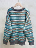kkboxly  Allover Pattern Crew Neck Pullover Sweater, Vintage Long Sleeve Drop Shoulder Loose Sweater, Women's Clothing