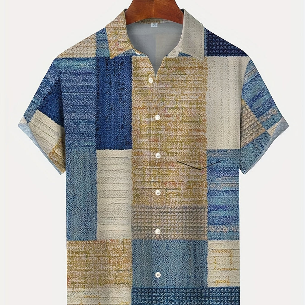 kkboxly  Retro Carpet Texture Geometric Pattern Men's Casual Short Sleeve Lapel Shirt, Summer Outdoor