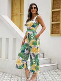 kkboxly  Boho Tropical Print Wide Leg Jumpsuit, Boho V-neck Sleeveless Tank Jumpsuit, Women's Clothing