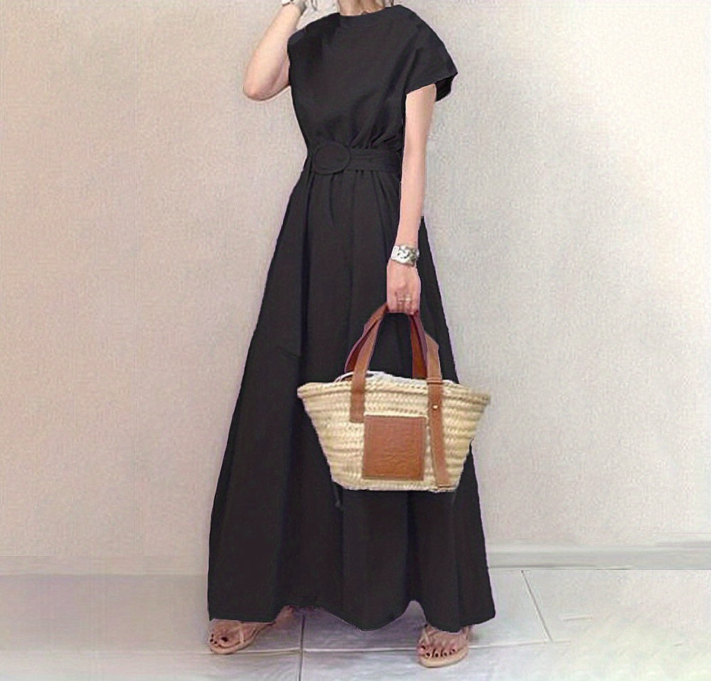 kkboxly  Round Neck Big Swing Dress, Casual Solid Color Belt Waist Summer Solid Trapeze Dresses, Women's Clothing