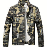 kkboxly  Chic Camouflage Print Denim Jacket, Men's Casual Cotton Multi Pocket Jacket