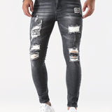 kkboxly  Slim Fit Ripped Jeans, Men's Casual Street Style Distressed Medium Stretch Denim Pants