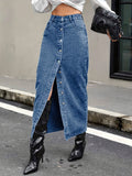 kkboxly  Single Breasted Button Split Denim Midi Skirt, Slant Pockets Non-Stretch Denim Skirt, Women's Denim Clothing