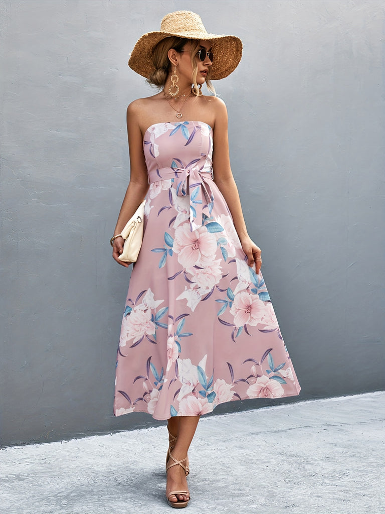 kkboxly  Vintage Floral Print Tube Dress, Elegant Off Shoulder Sleeveless Summer Dress, Women's Clothing
