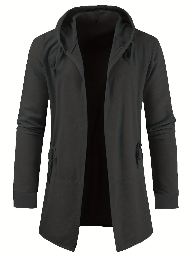 kkboxly  Plus Size Men's Casual Hooded Jacket, Solid Color Lengthened Cardigan Long Sleeved Loose Drawstring Coat