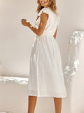 kkboxly  Striped Print Solid Dress, Elegant Ruffle Sleeve V Neck Midi Dress, Women's Clothing