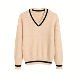 Striped Print Knit Sweater, Casual V Neck Long Sleeve Sweater, Women's Clothing