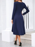 kkboxly  Ruched Solid Midi Dress, Elegant Crew Neck Long Sleeve Dress, Women's Clothing