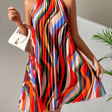 Kkboxly   Striped Pleated Halter Neck Dress, Sexy Sleeveless Random Print Dress For Spring & Summer, Women's Clothing