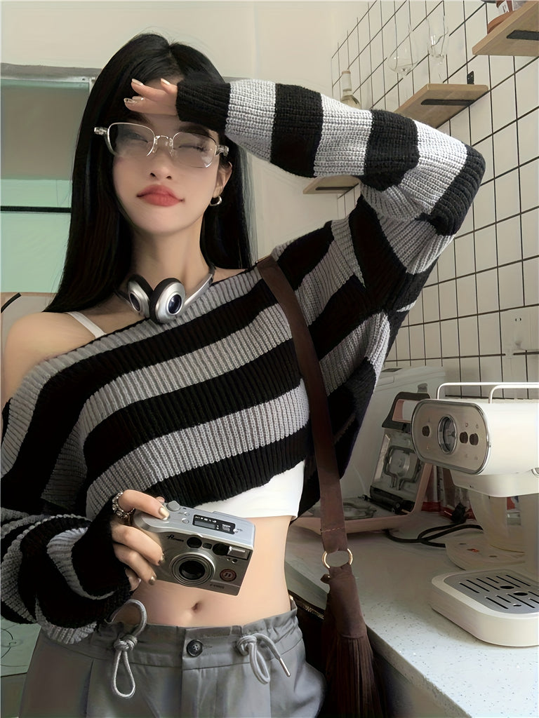 Striped Off Shoulder Knitted Top, Casual Long Sleeve Crop Sweater For ...