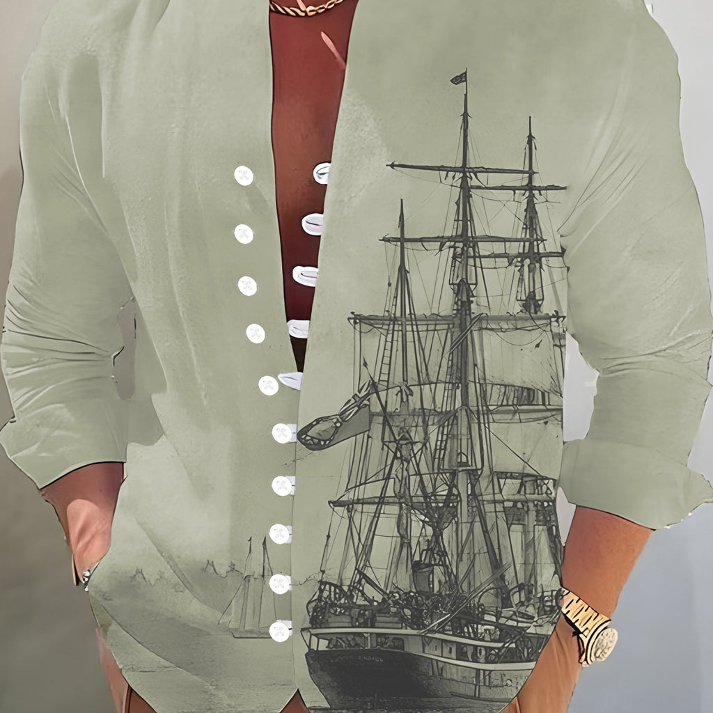 kkboxly  Sailboat 3D Pattern Print Men's Casual Long Sleeve Shirt, Men's Shirt For Spring Summer Autumn, Tops For Men
