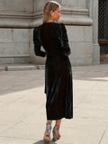 kkboxly  Solid V-neck Velvet Slim Dress, Elegant Dress For Party & Banquet, Women's Clothing