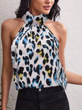 kkboxly  Leopard Print High Neck Blouse, Sexy Sleeveless Ruched Blouse, Women's Clothing