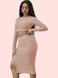 kkboxly  Solid Casual Two-piece Set, Tie Back Cropped Tops & Bag Hip Split Skirts Outfits, Women's Clothing
