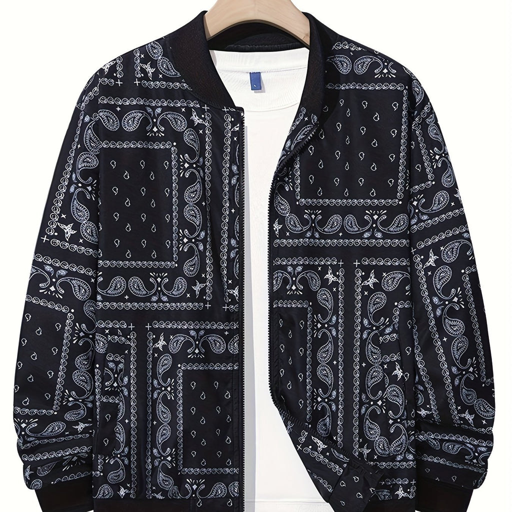 kkboxly  Paisley Pattern Casual Zip Up Bomber Jacket, Men's Jacket For Spring Fall Outdoor