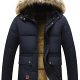 kkboxly  Men's Winter Removable Hooded Cotton-padded Jacket Coat Sherpa Lined Midi Packable Parka Jackets, Men's Parka