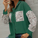 kkboxly  Corduroy Leopard Print Stitching Coat, Casual Lapel Long Sleeve Button Down Fashion Loose Outerwear, Women's Clothing