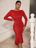 kkboxly  Backless Contrast Sequin Dress, Casual Mermaid Hem Long Sleeve Party Dress, Women's Clothing
