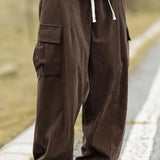 kkboxly Men's Stylish Vintage Style Loose Solid Cargo Pants With Pockets, Causal Breathable Straight Leg Drawstring Men's Bottom Clothing For City Walk Street Hanging Outdoor Activities