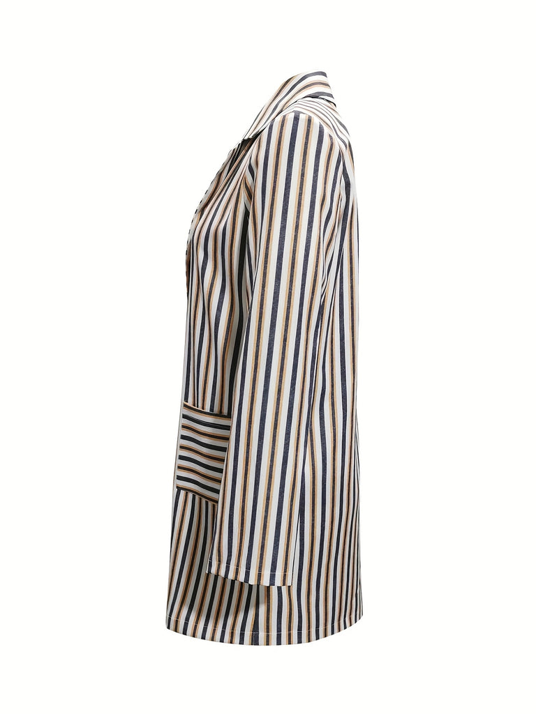 Striped Open Front Blazer, Elegant Long Sleeve Lapel Blazer, Women's Clothing
