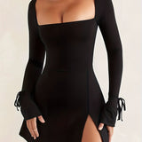 kkboxly  Squared Neck Split Dress, Club Wear Solid Bodycon Mini Dress, Women's Clothing
