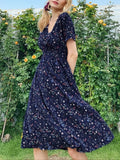 kkboxly  Floral Print V Neck Boho Dress, Slim Short Sleeve Casual Party Dress For Summer & Spring, Women's Clothing
