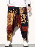 kkboxly  Cotton & Linen Blend Men's Drawstring Harem Pants Beach Pant Bohemian Pattern Casual Baggy Pants Streetwear Hiphop Rapper Style