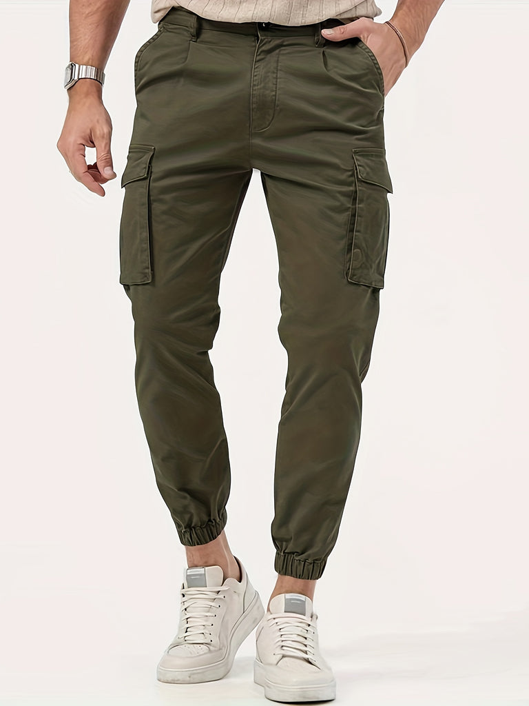 kkboxly  Trendy Solid Cargo Pants, Men's Multi Flap Pocket Trousers, Loose Casual Outdoor Pants, Men's Work Pants Outdoors Streetwear Hip Hop Style