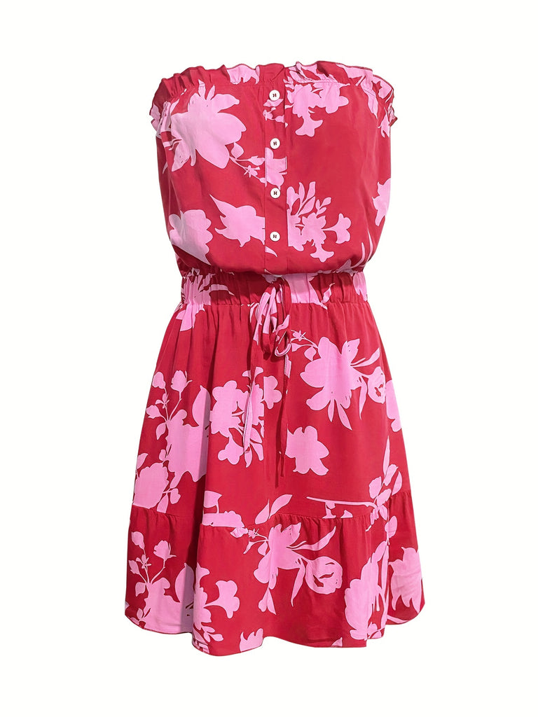 kkboxly  Ditsy Floral Off Shoulder Dress, Sexy Sleeveless Drawstring Summer Dress, Women's Clothing