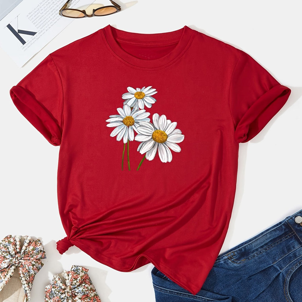 kkboxly  Cute Daisy Print T-Shirt, Short Sleeve Crew Neck Casual Top For All Season, Women's Clothing
