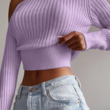 kkboxly  Ribbed Asymmetrical Neck Knit Crop Sweater, Sexy Cold Shoulder Long Sleeve Pullover Sweater, Women's Clothing