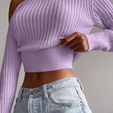 Ribbed Asymmetrical Neck Knit Crop Sweater, Sexy Cold Shoulder Long Sleeve Pullover Sweater, Women's Clothing