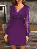 2025 kkboxly  Solid Sequin Stitching Lace Long Sleeve Dress, Elegant Mesh Slim Sexy Party Dress, Women's Clothing